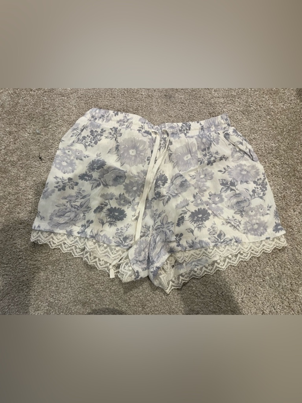 Blue Rain White and Gray Floral Lace-Trim Drawstring Shorts